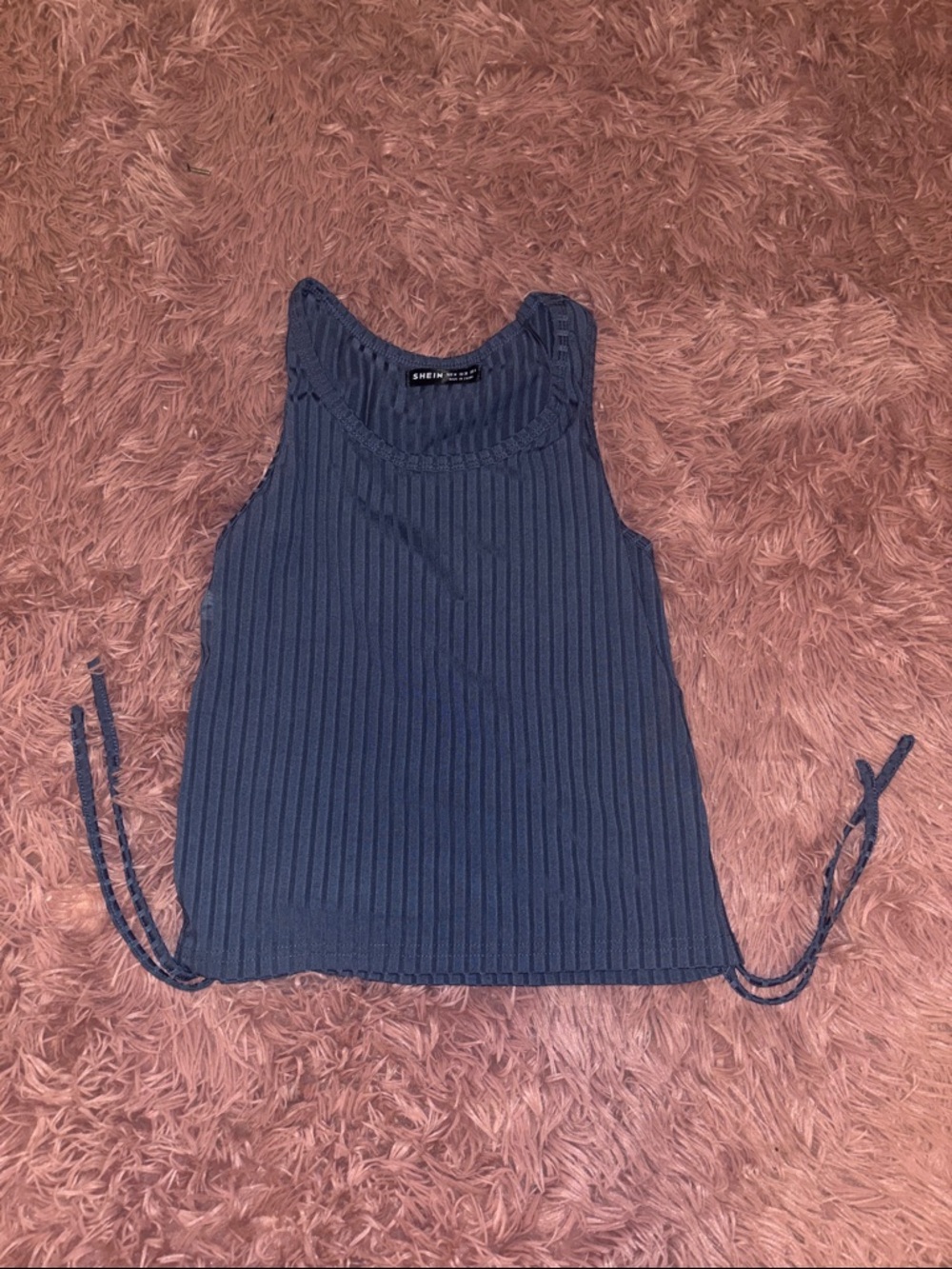 SHEIN Navy Ribbed Tank Top with Braided Neckline and Side Ties